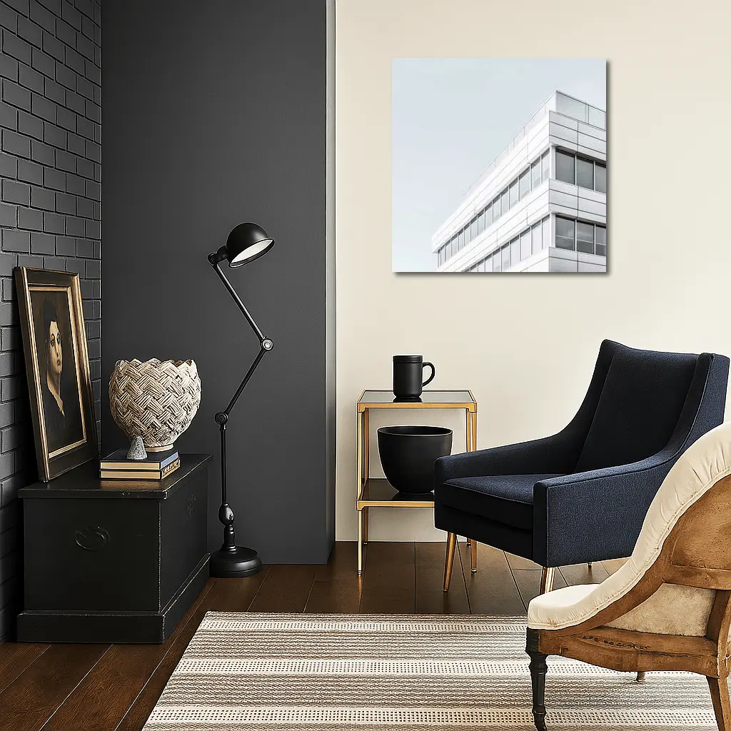 White Modern Building Corner Against Gray Sky – Wall Art