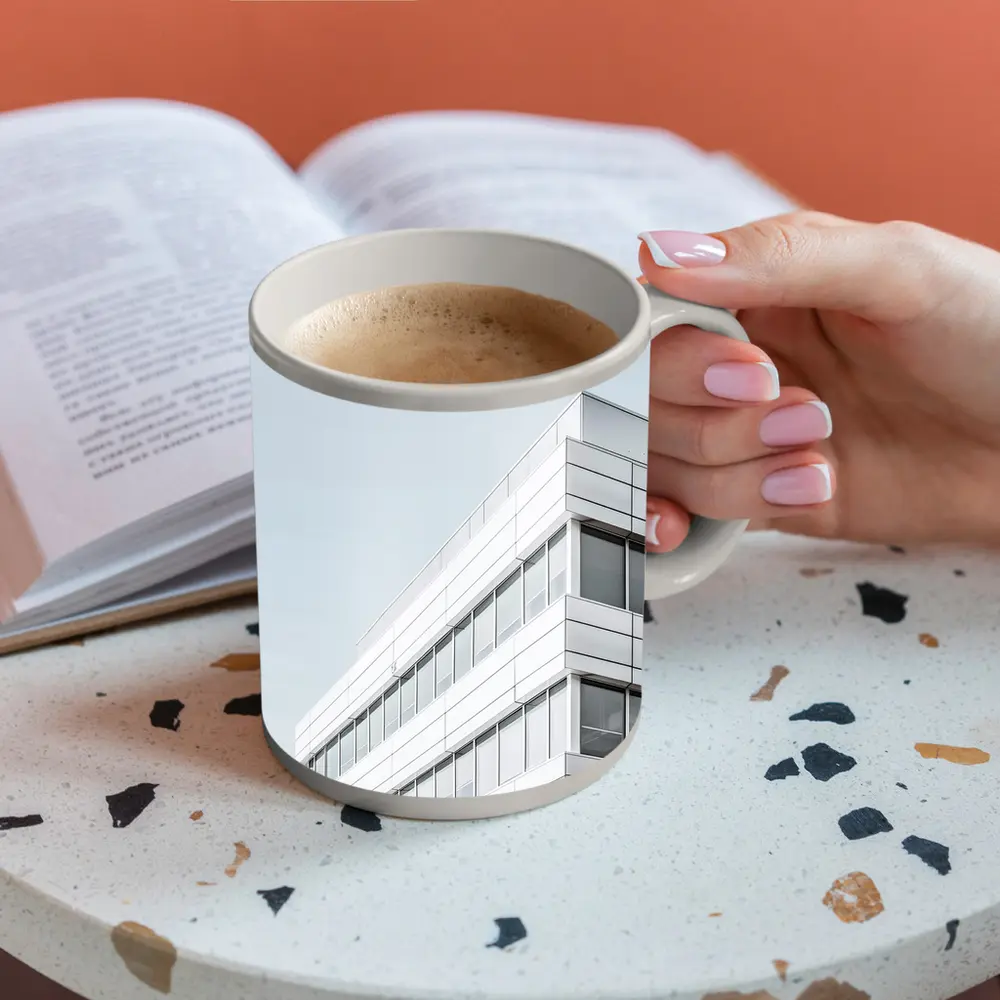White Modern Building Corner Against Gray Sky – Mugs