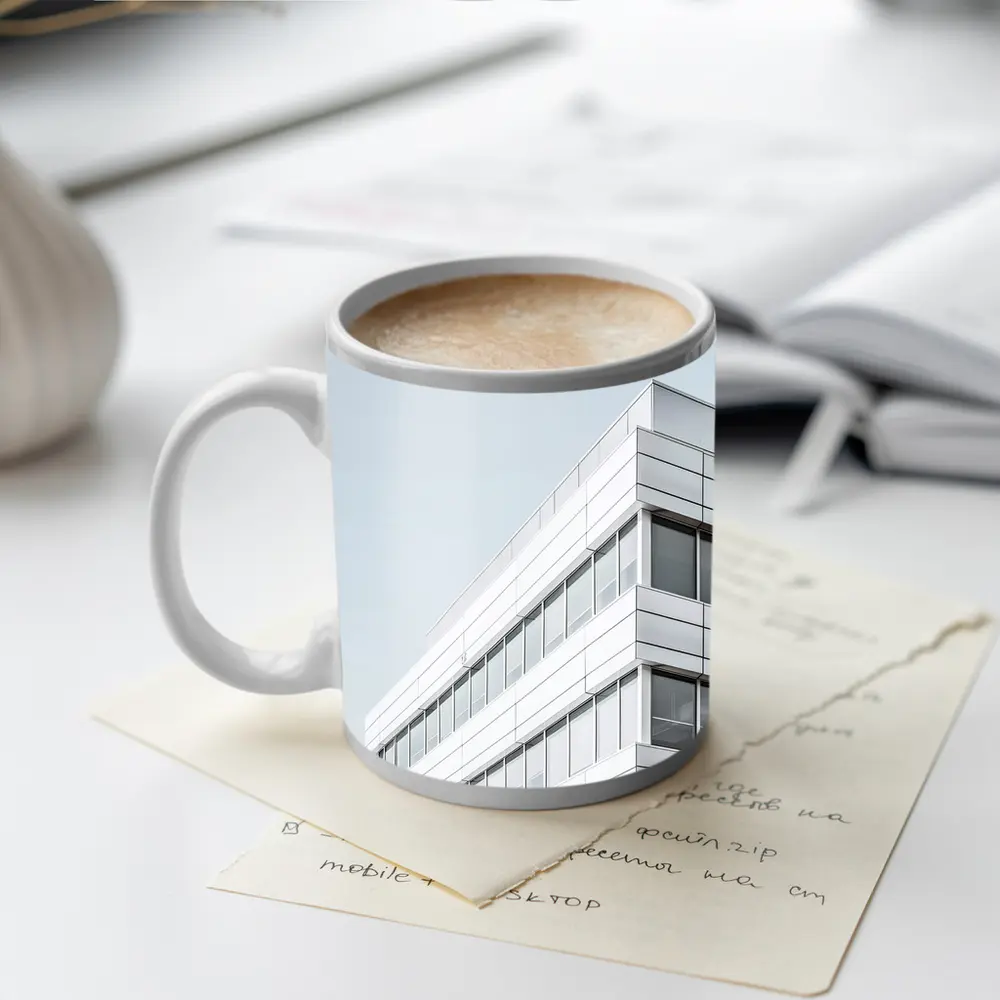 White Modern Building Corner Against Gray Sky – Mugs