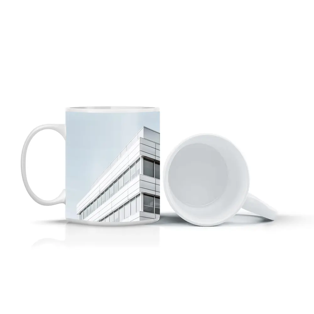 White Modern Building Corner Against Gray Sky – Mugs