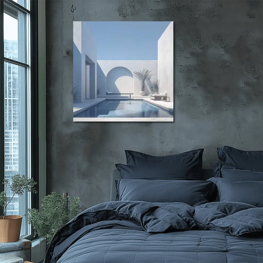 Minimalist White Courtyard Pool Architecture Blue Sky – Wall Art