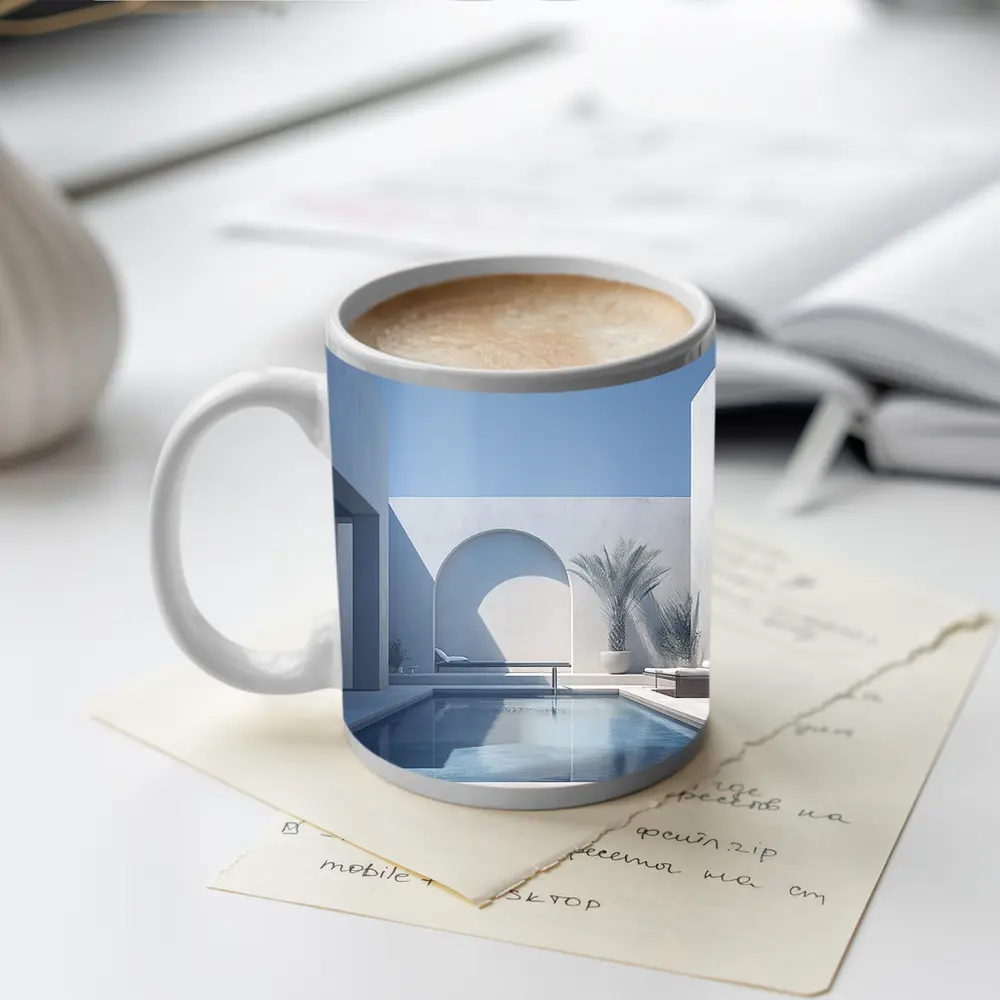 Minimalist White Courtyard Pool Architecture Blue Sky – Mugs