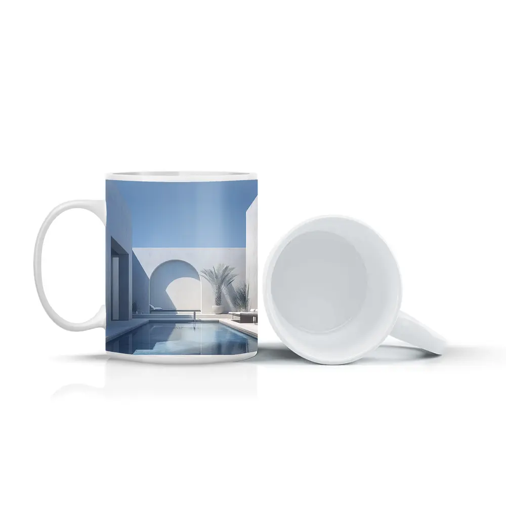 Minimalist White Courtyard Pool Architecture Blue Sky – Mugs