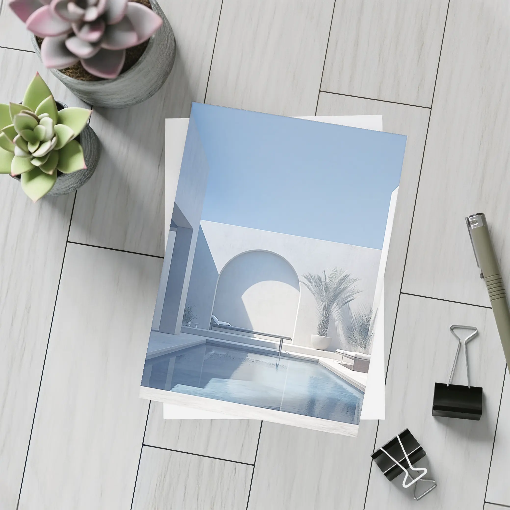 Minimalist White Courtyard Pool Architecture Blue Sky – Postcards