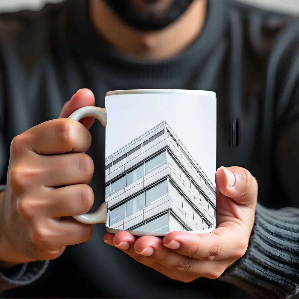 Modern Glass Office Building Corner Gray Sky – Mugs