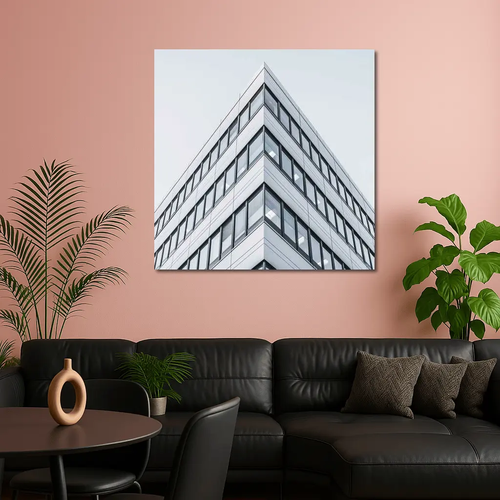 Modern Office Building Corner Against Gray Sky – Wall Art