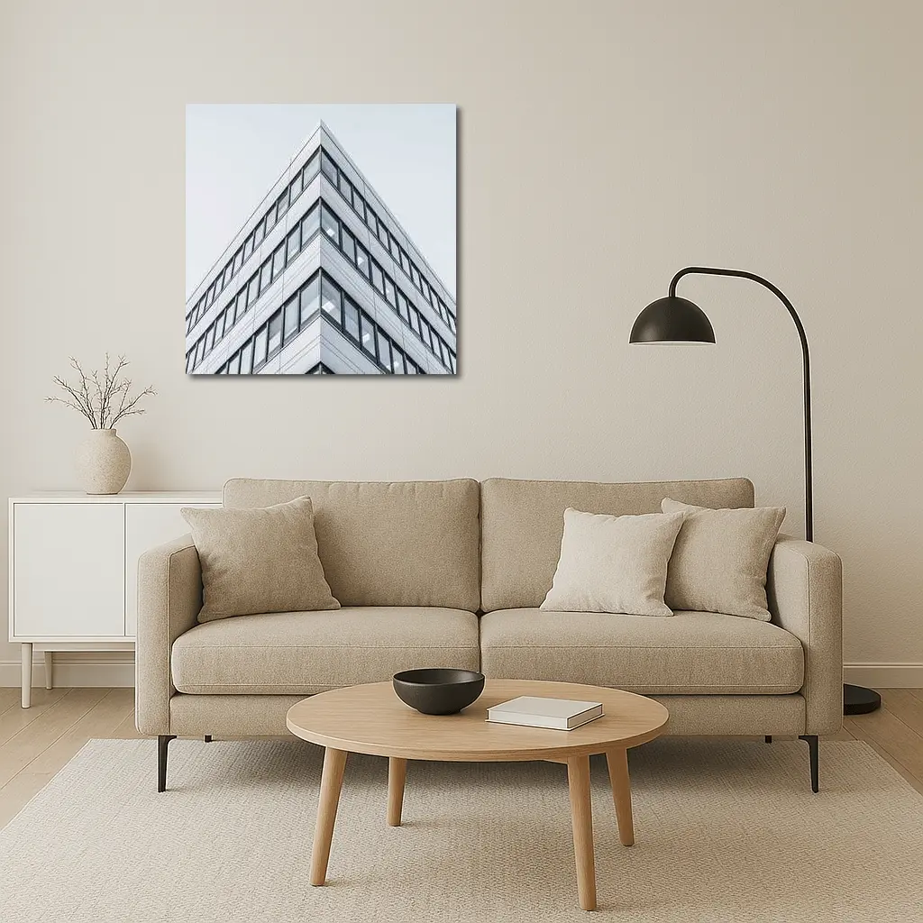 Modern Office Building Corner Against Gray Sky – Wall Art
