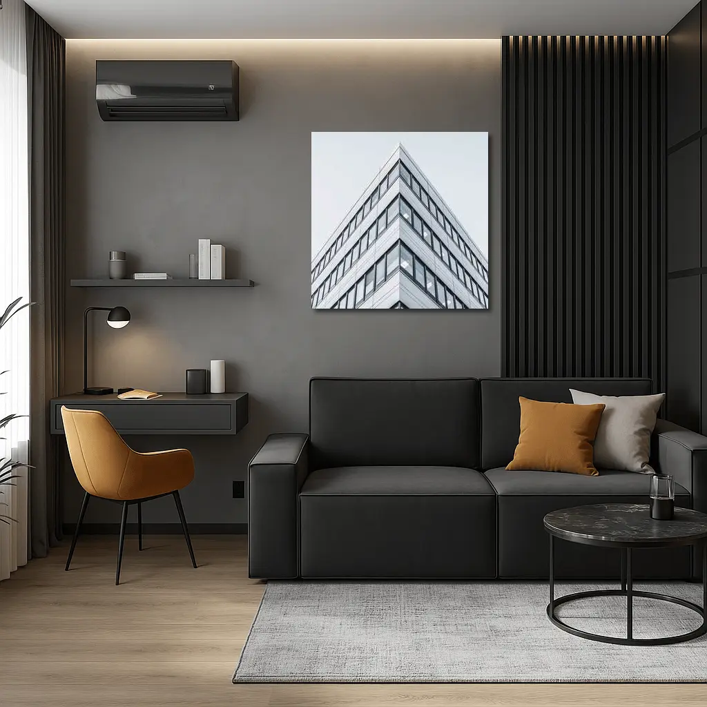 Modern Office Building Corner Against Gray Sky – Wall Art