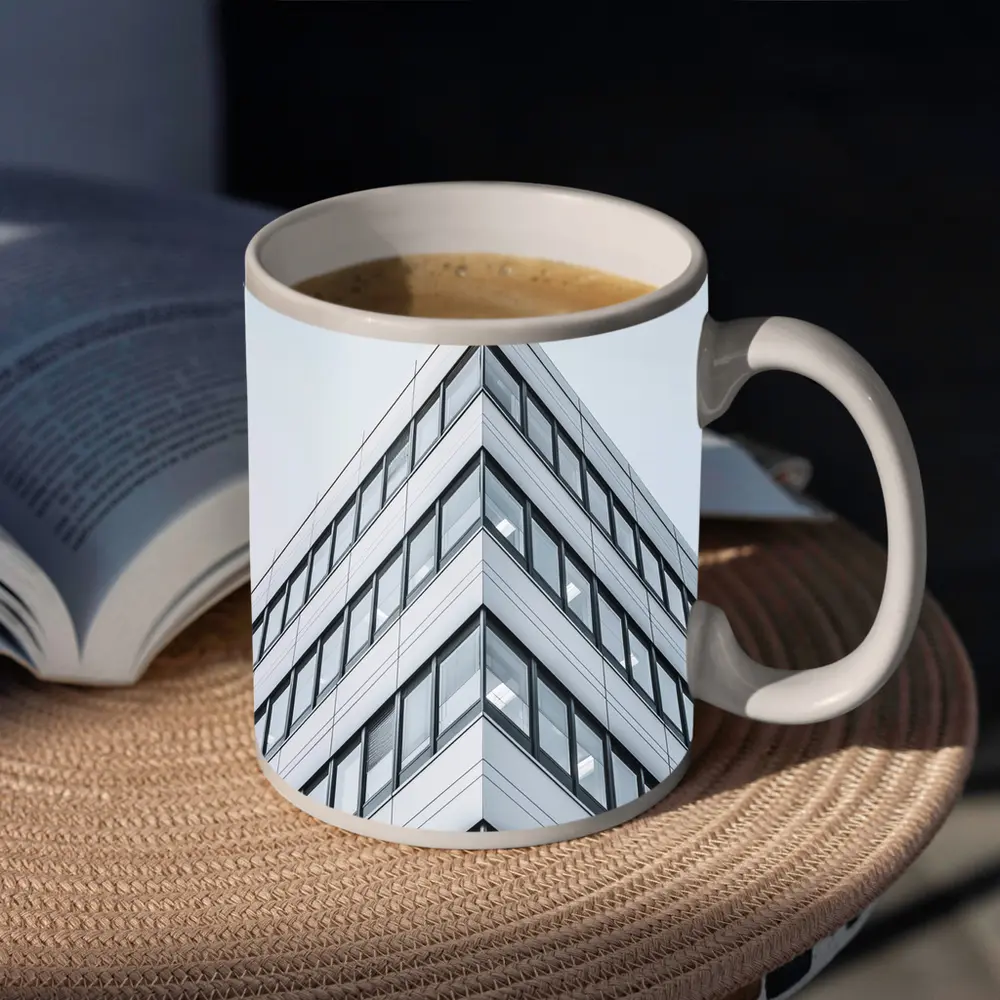 Modern Office Building Corner Against Gray Sky – Mugs