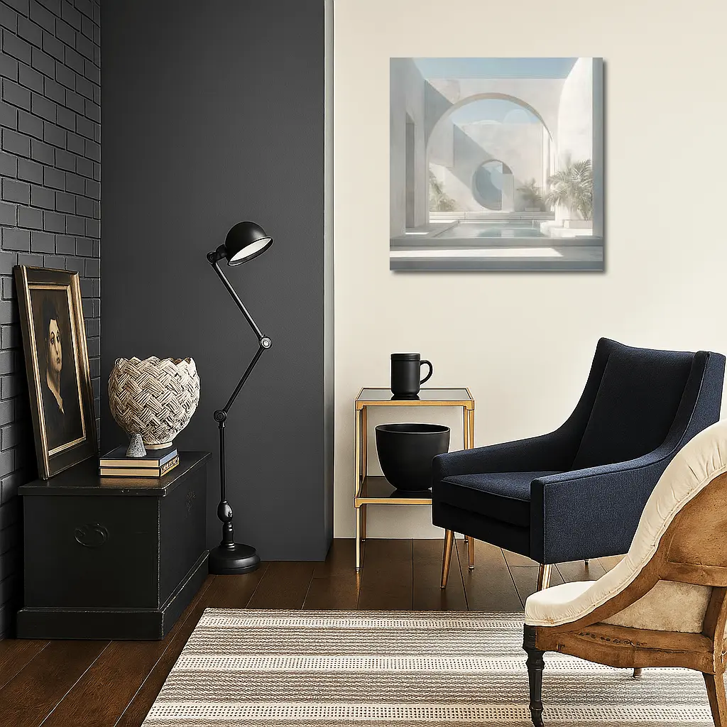 Minimalist White Concrete Courtyard Arch Architecture – Wall Art