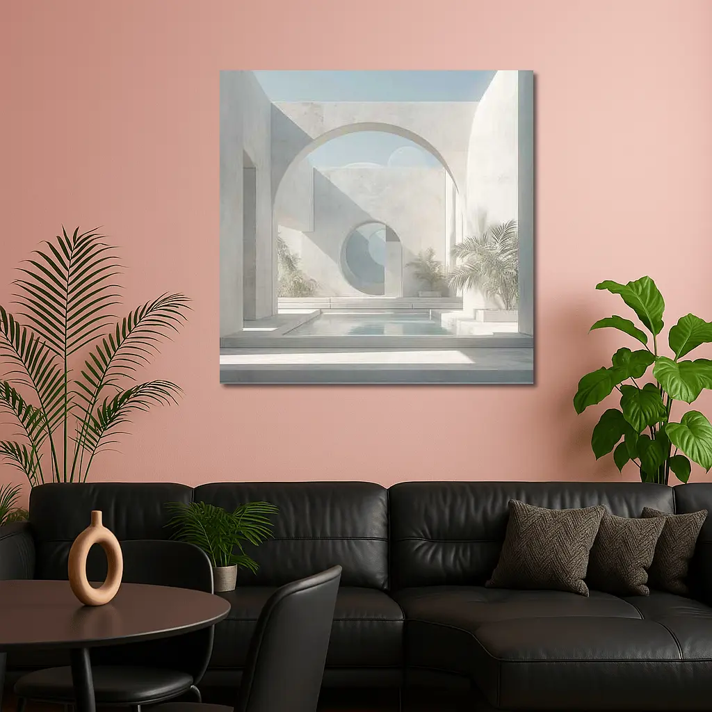 Minimalist White Concrete Courtyard Arch Architecture – Wall Art