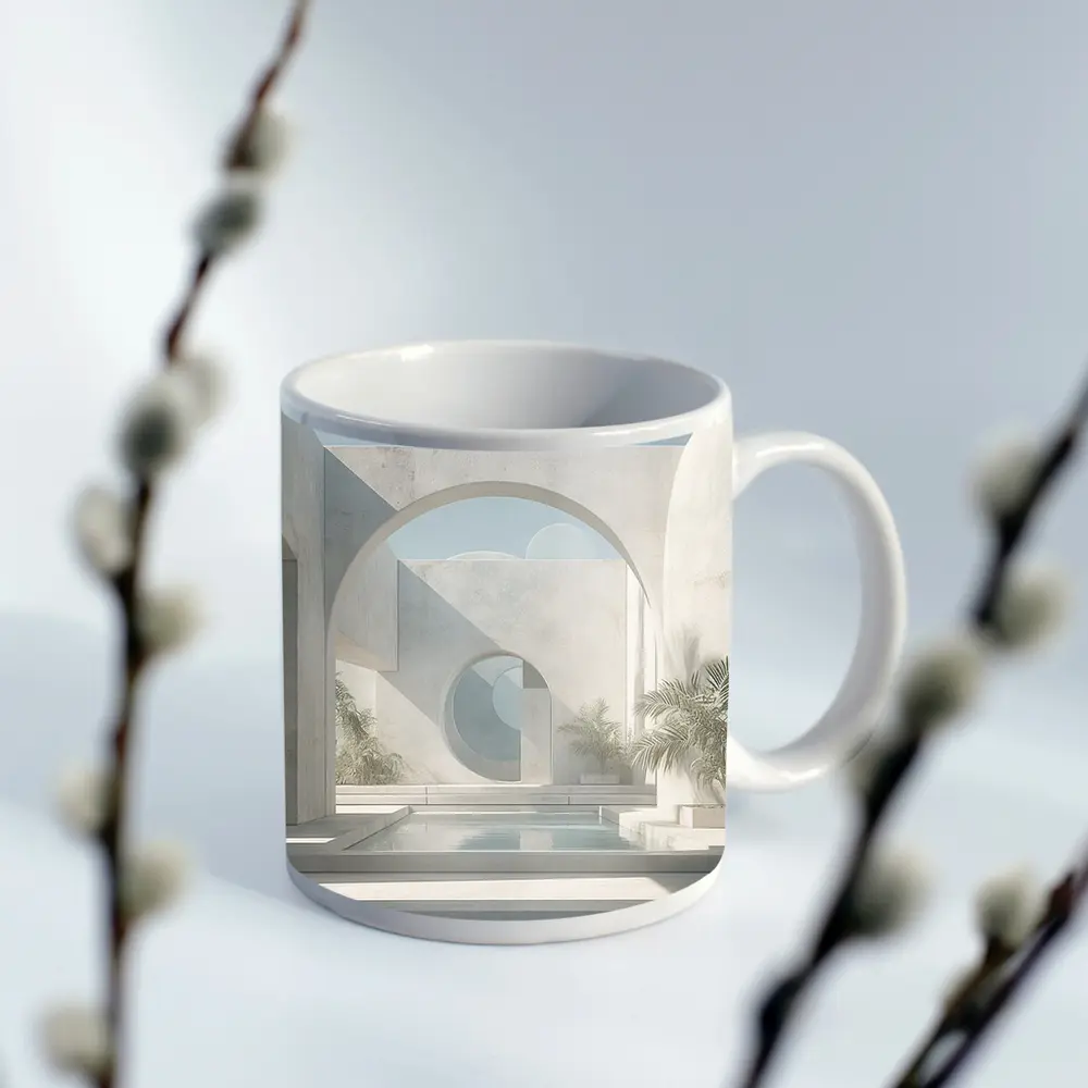 Minimalist White Concrete Courtyard Arch Architecture – Mugs