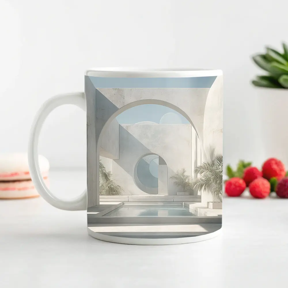 Minimalist White Concrete Courtyard Arch Architecture – Mugs