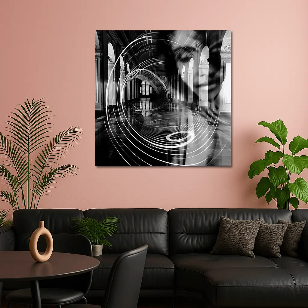 Black White Surreal Face Grand Hall Interior – Wall Art