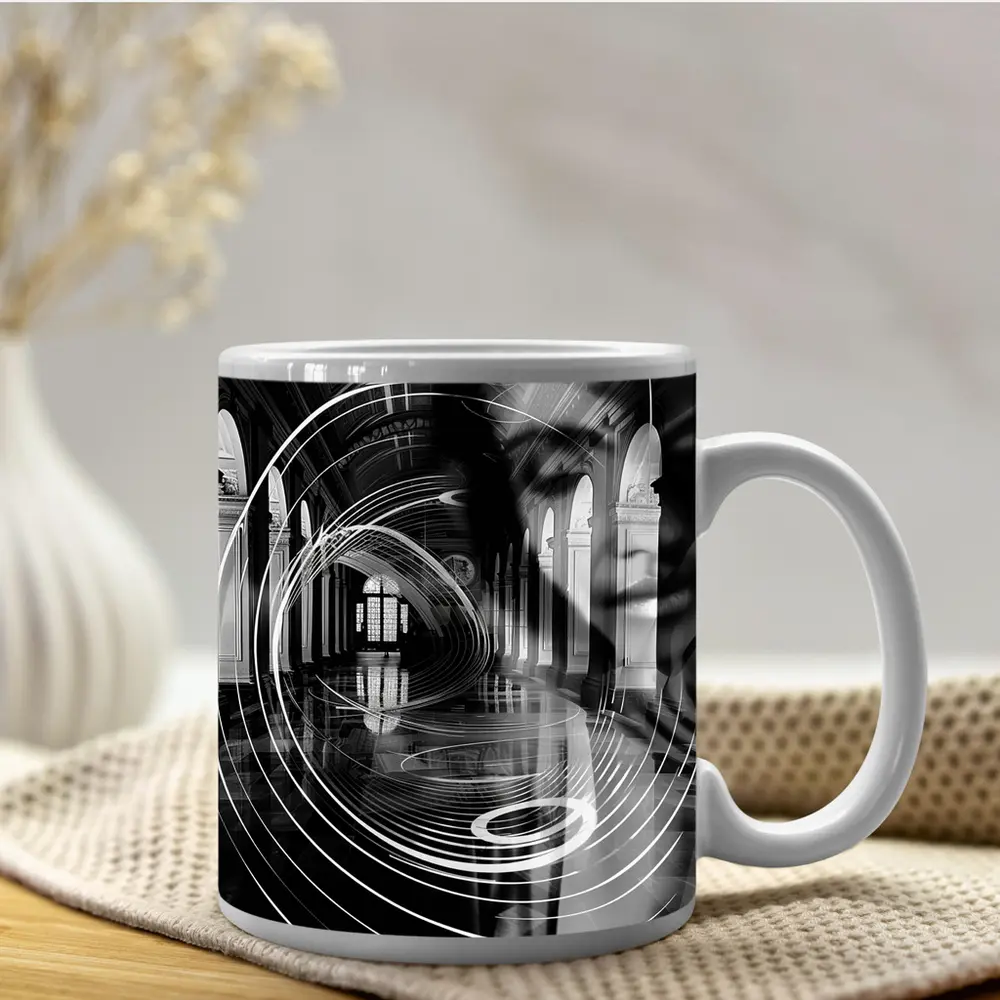 Black White Surreal Face Grand Hall Interior – Mugs