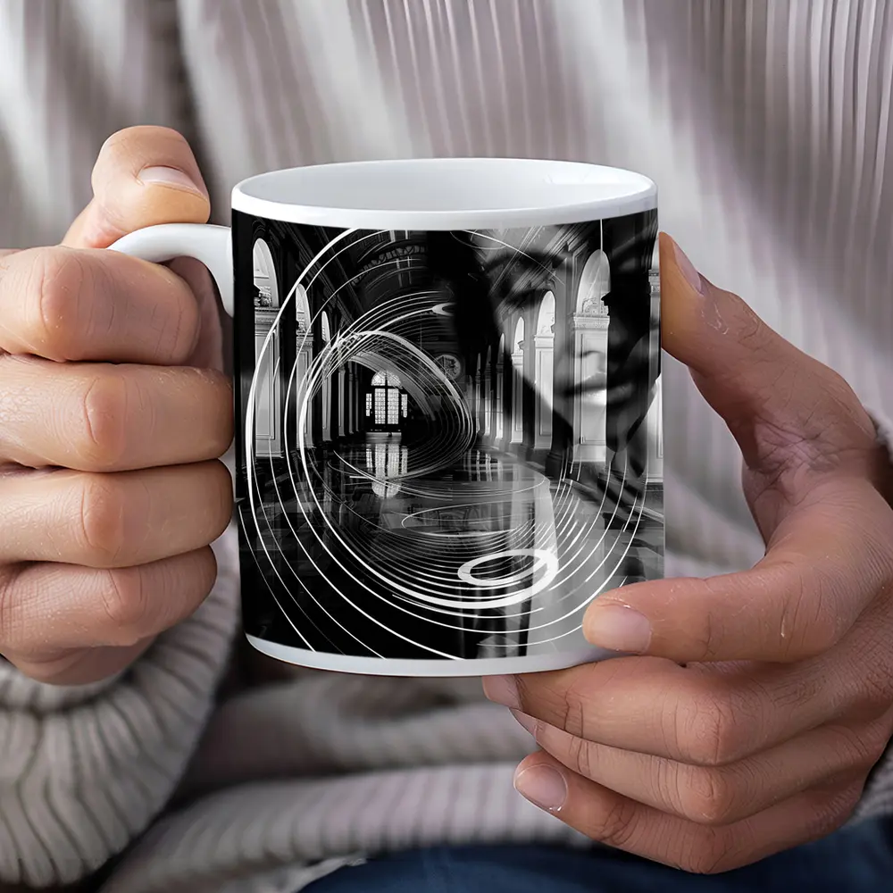 Black White Surreal Face Grand Hall Interior – Mugs