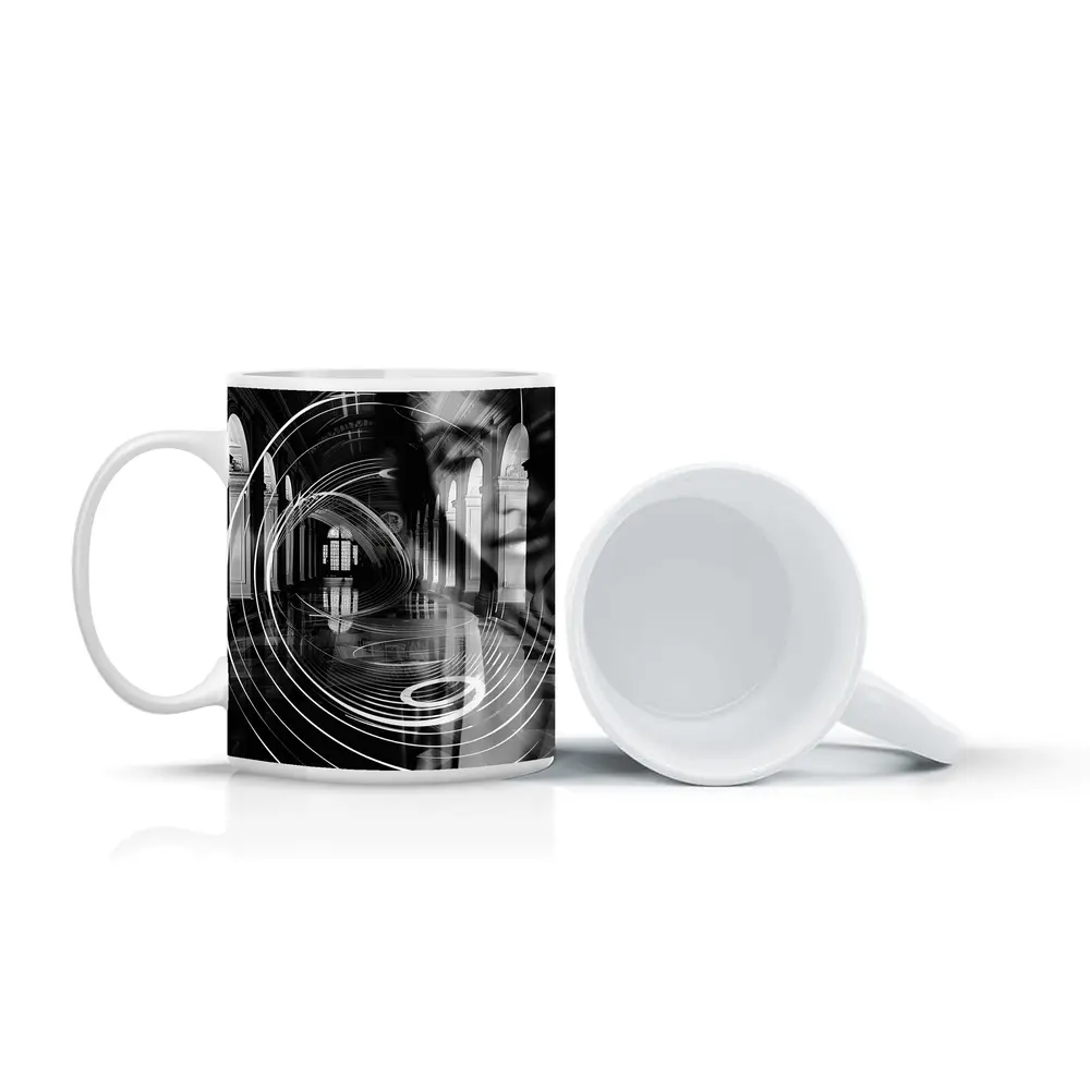 Black White Surreal Face Grand Hall Interior – Mugs