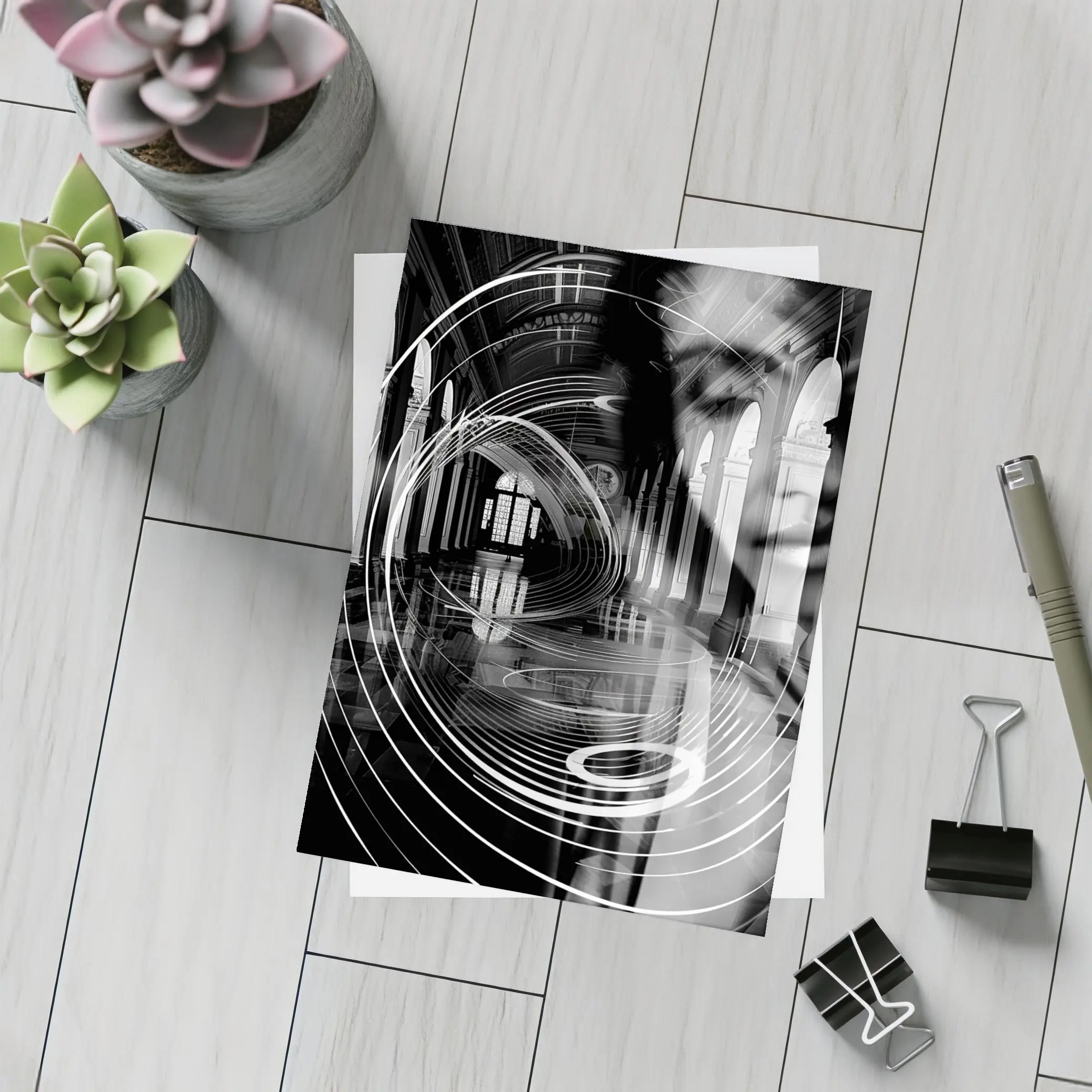 Black White Surreal Face Grand Hall Interior – Postcards