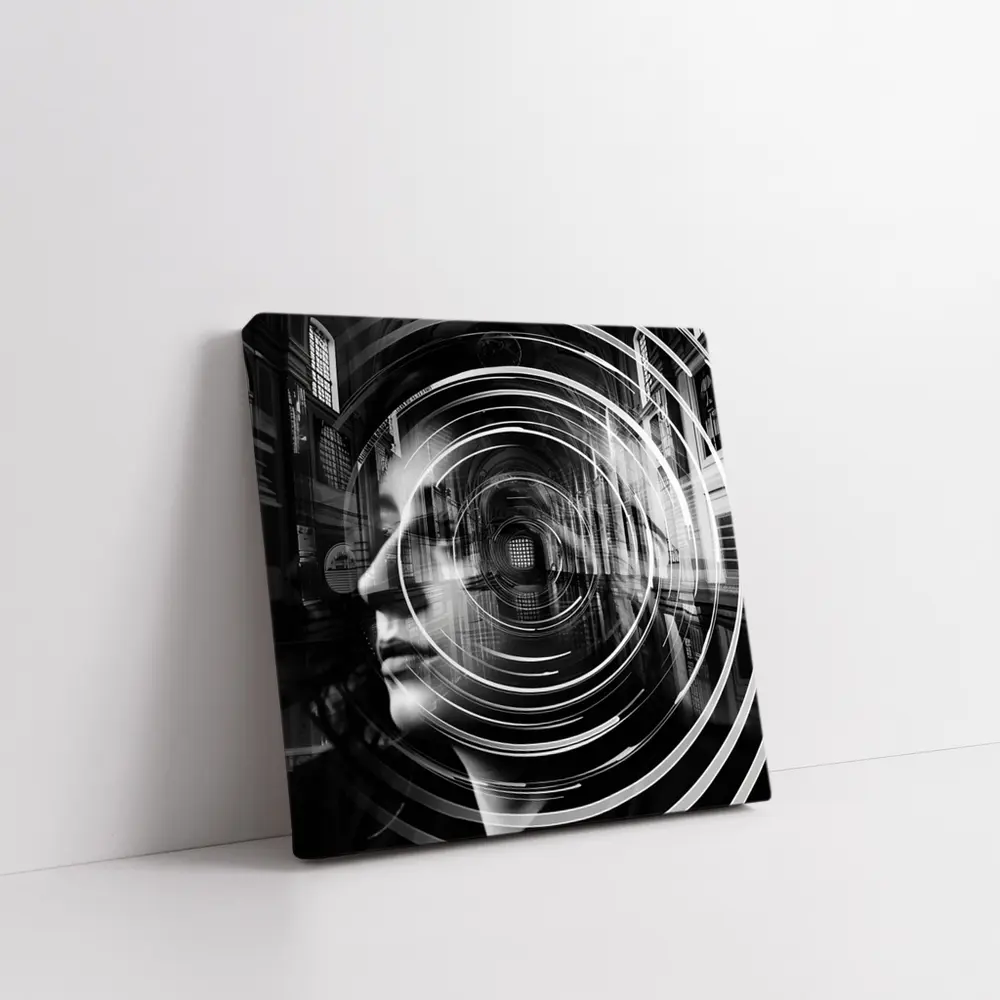 Woman Face Double Exposure Cathedral Black White – Wall Art