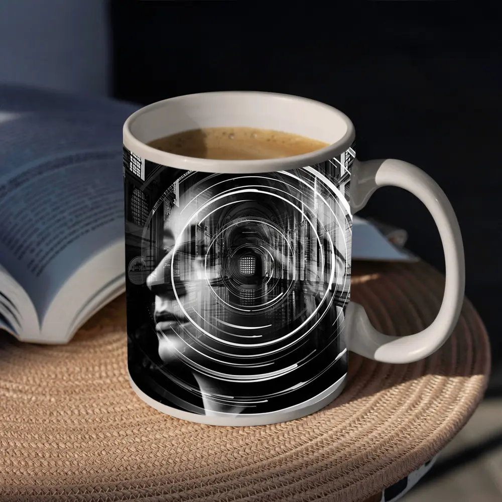 Woman Face Double Exposure Cathedral Black White – Mugs