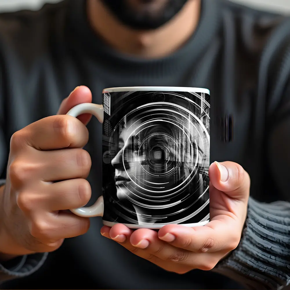 Woman Face Double Exposure Cathedral Black White – Mugs