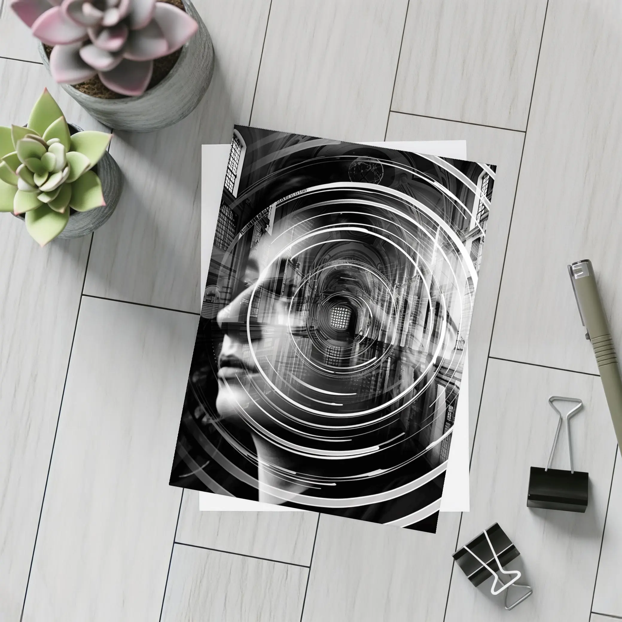 Woman Face Double Exposure Cathedral Black White – Postcards