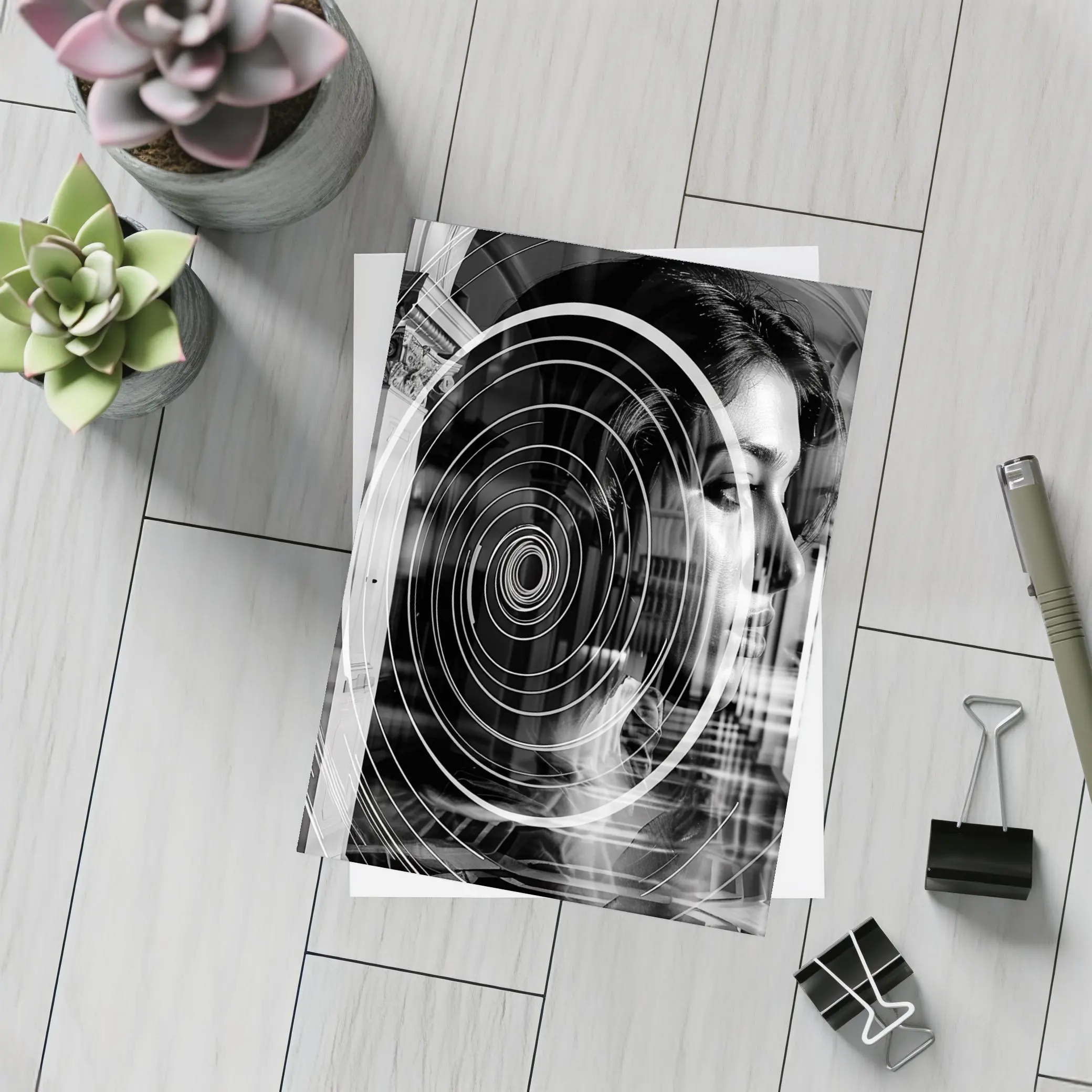 Woman Portrait Black White Spiral Abstract – Postcards