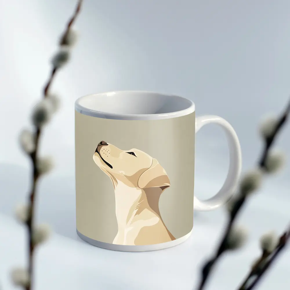 Yellow Labrador Retriever Looking Up Beige Background – Mugs