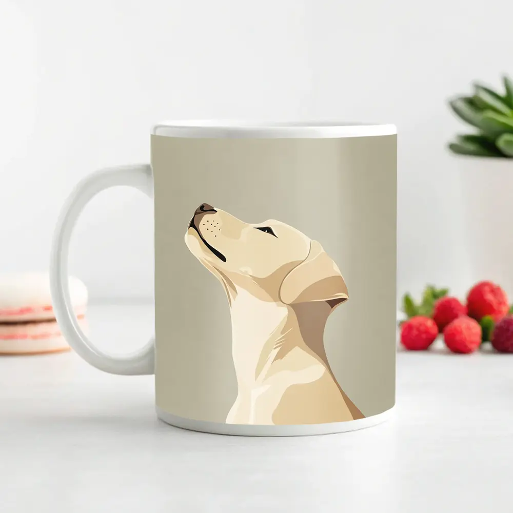 Yellow Labrador Retriever Looking Up Beige Background – Mugs