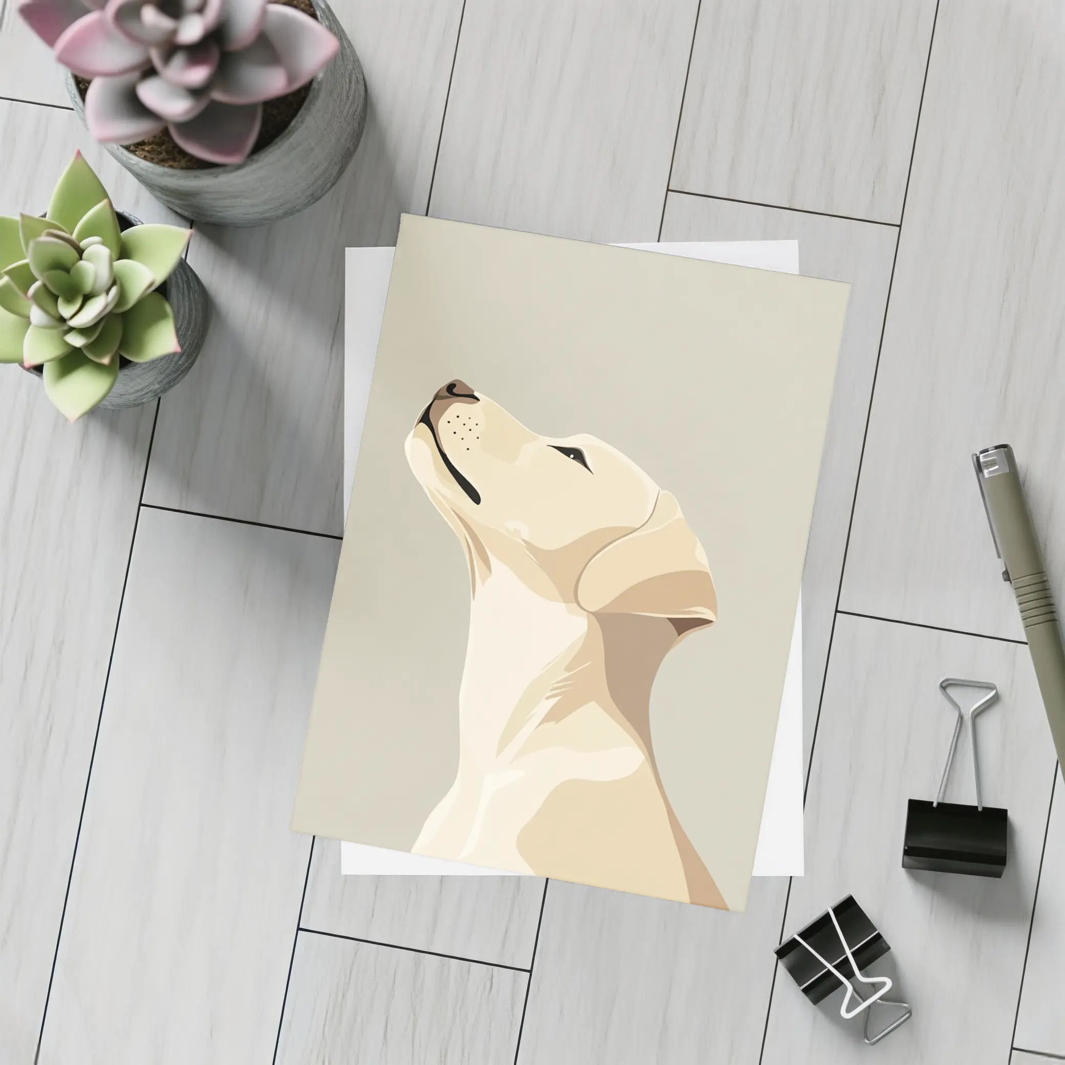 Yellow Labrador Retriever Looking Up Beige Background – Postcards