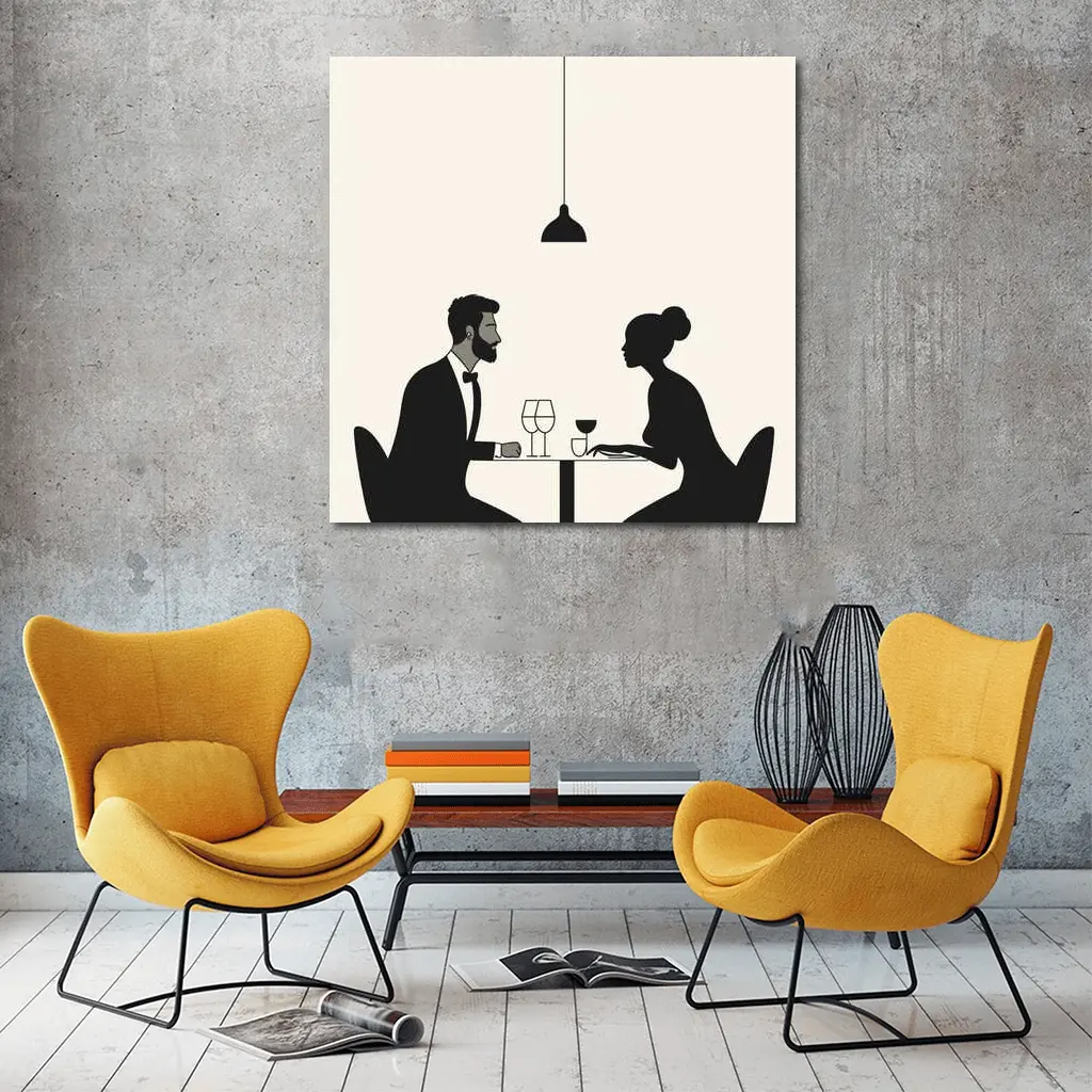 Couple Dining Minimalist Black Beige Restaurant Scene – Wall Art
