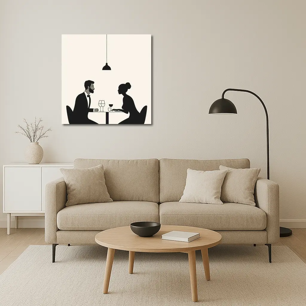 Couple Dining Minimalist Black Beige Restaurant Scene – Wall Art