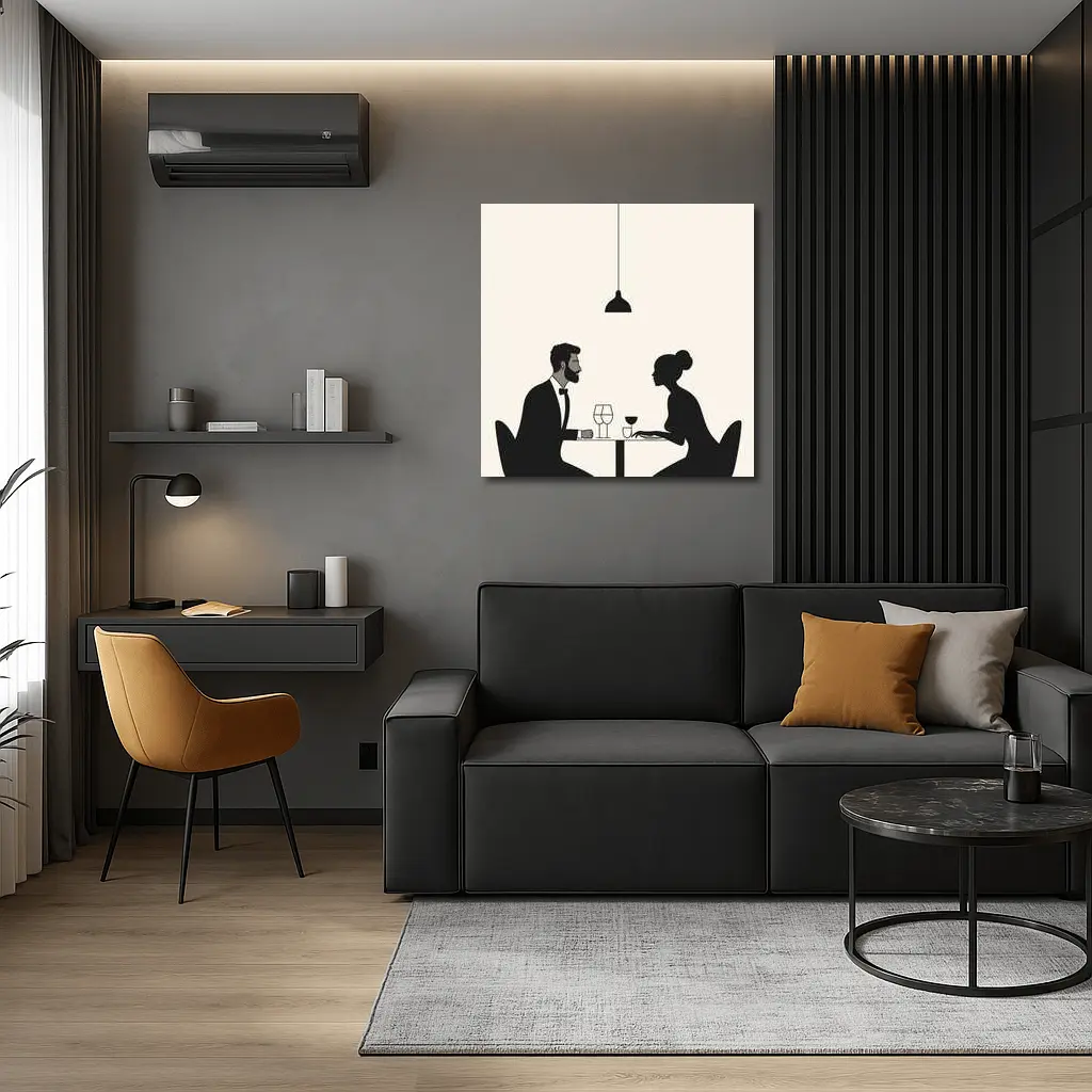 Couple Dining Minimalist Black Beige Restaurant Scene – Wall Art