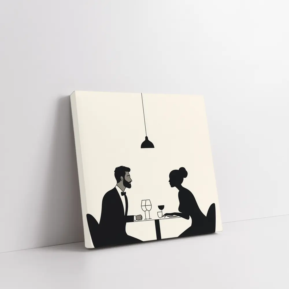 Couple Dining Minimalist Black Beige Restaurant Scene – Wall Art