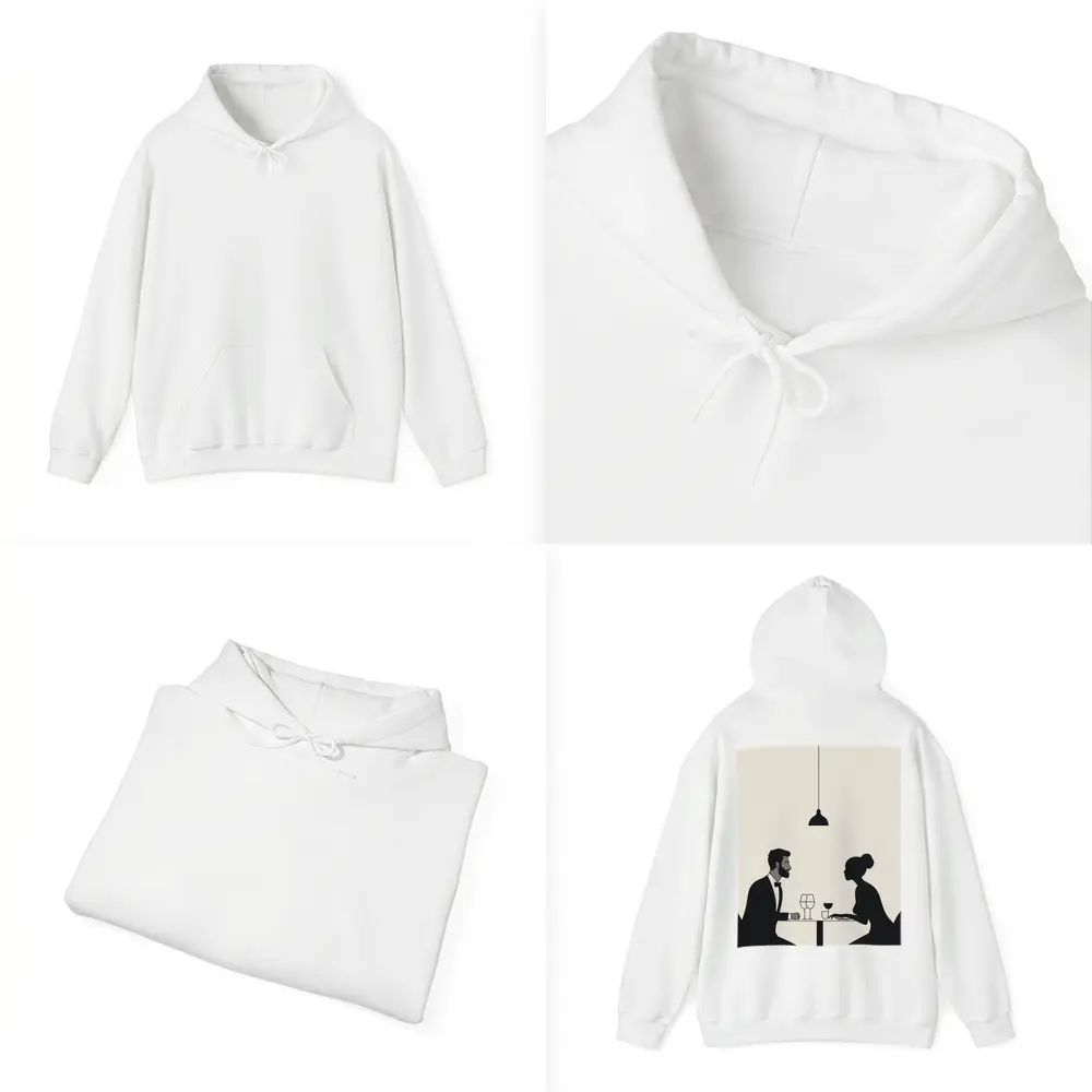 Couple Dining Minimalist Black Beige Restaurant Scene – Hoodies