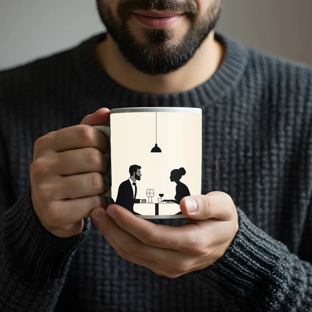 Couple Dining Minimalist Black Beige Restaurant Scene – Mugs