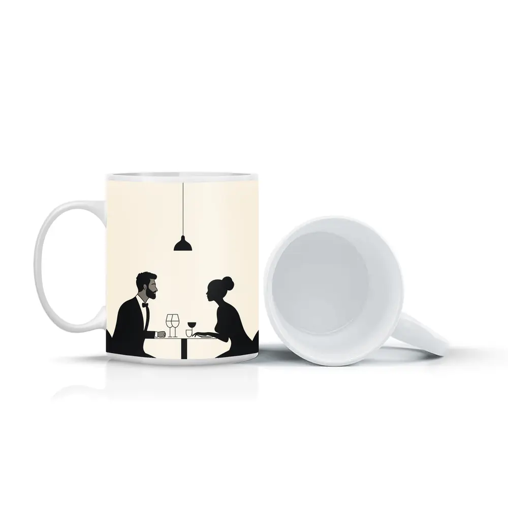 Couple Dining Minimalist Black Beige Restaurant Scene – Mugs