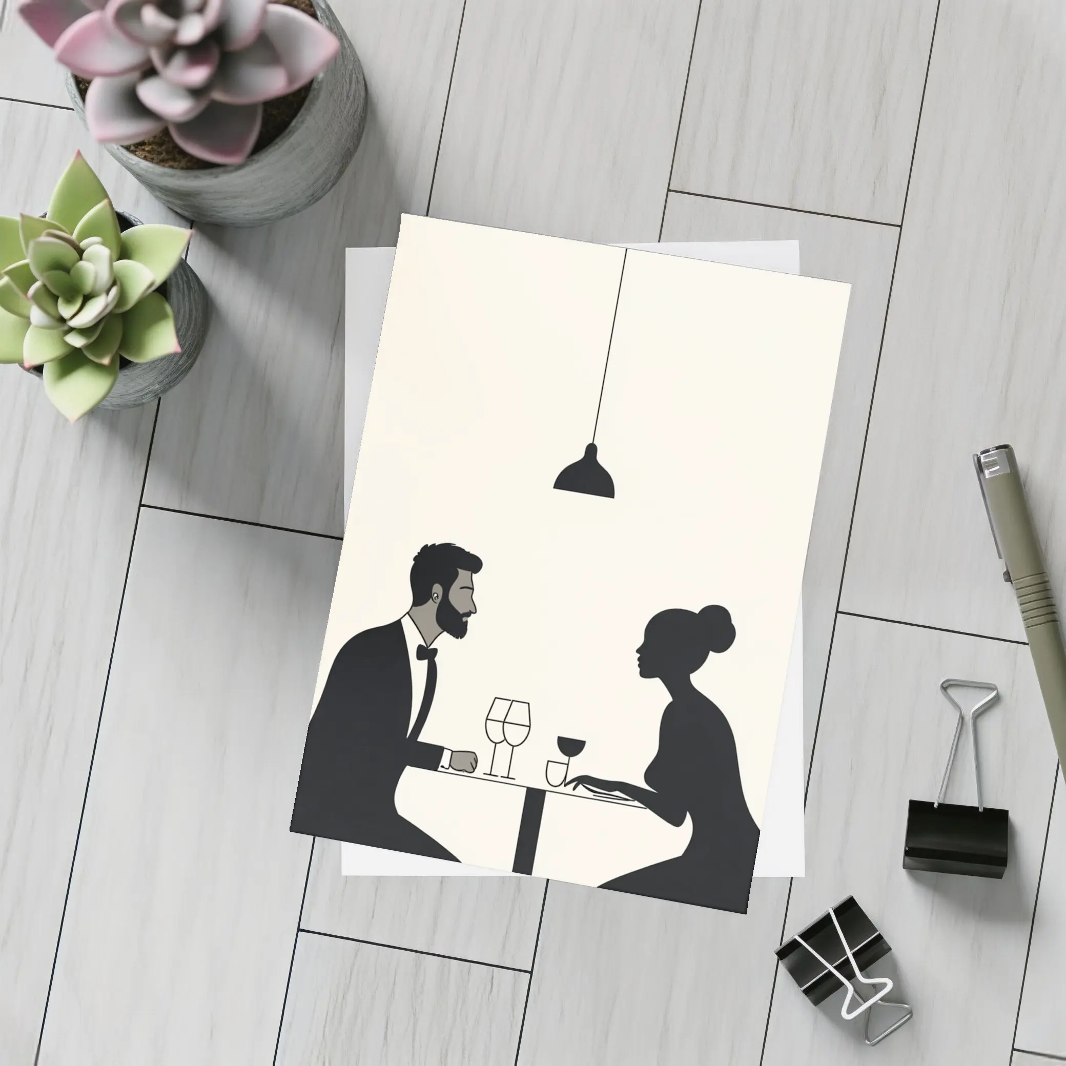 Couple Dining Minimalist Black Beige Restaurant Scene – Postcards