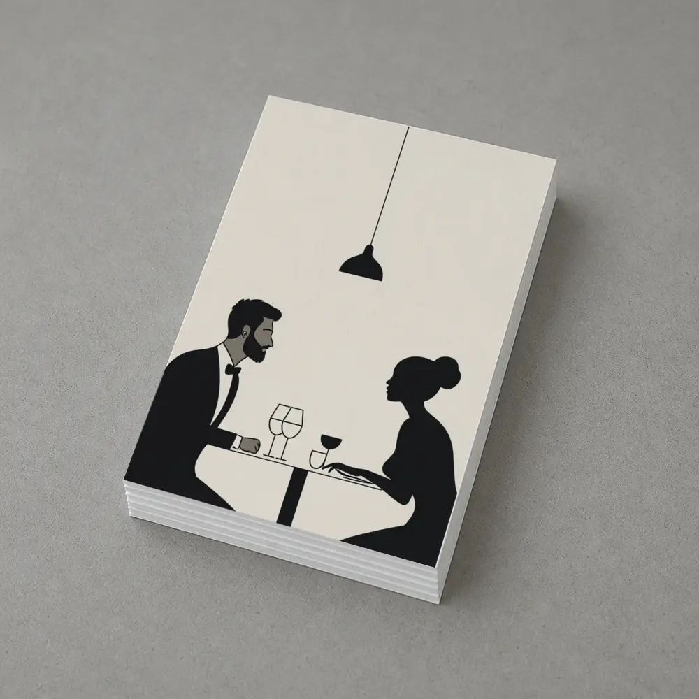 Couple Dining Minimalist Black Beige Restaurant Scene – Postcards