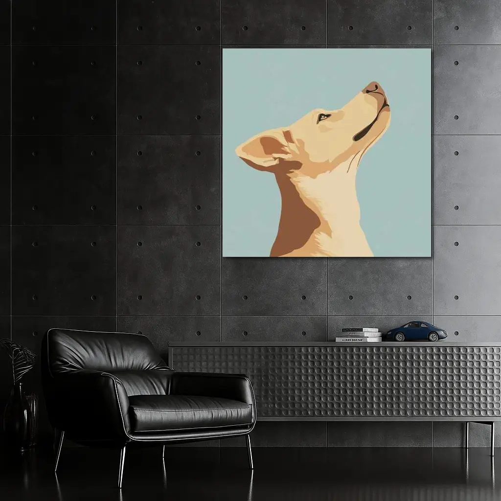 Yellow Lab Dog Looking Up Blue Background – Wall Art