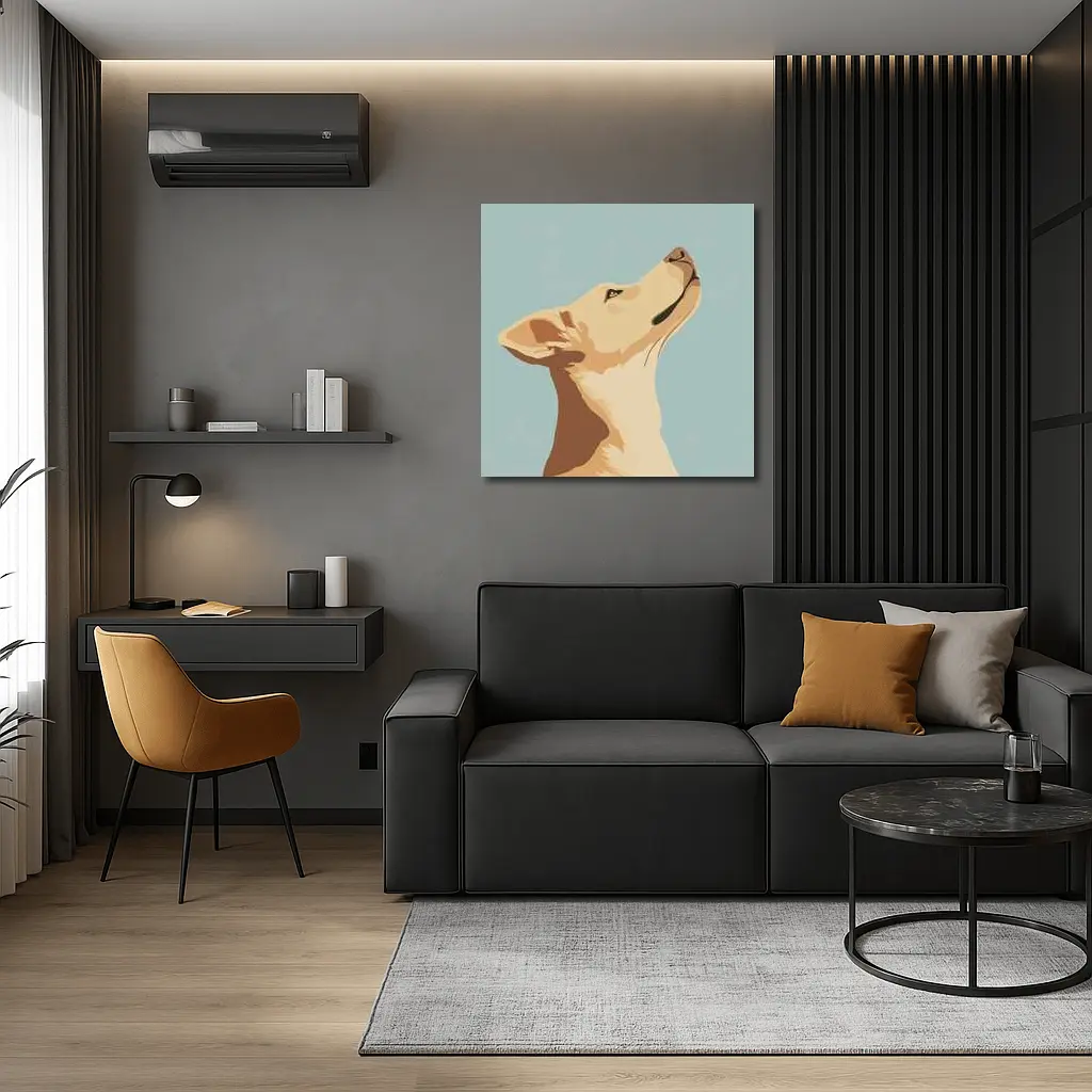 Yellow Lab Dog Looking Up Blue Background – Wall Art