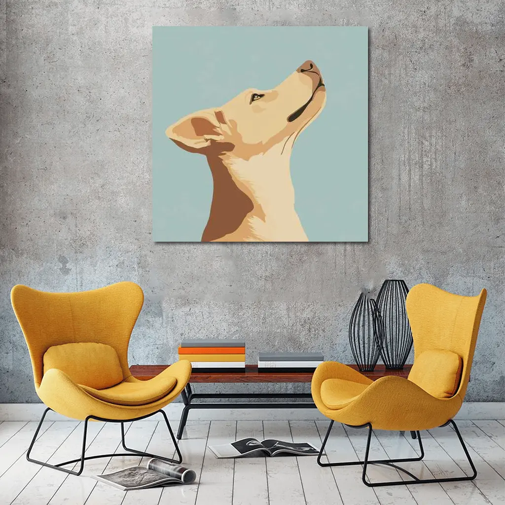 Yellow Lab Dog Looking Up Blue Background – Wall Art