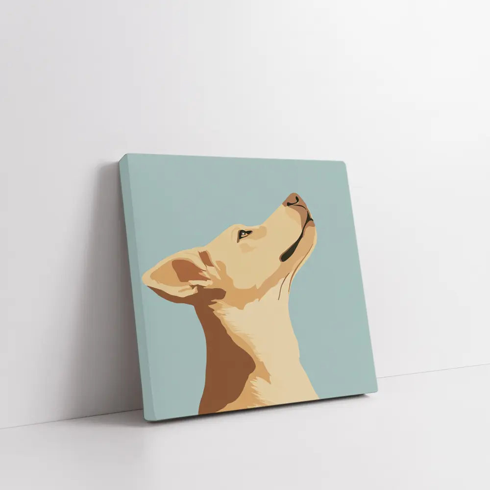 Yellow Lab Dog Looking Up Blue Background – Wall Art