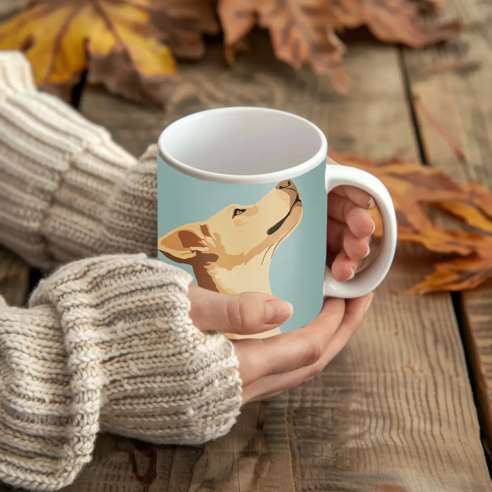 Yellow Lab Dog Looking Up Blue Background – Mugs