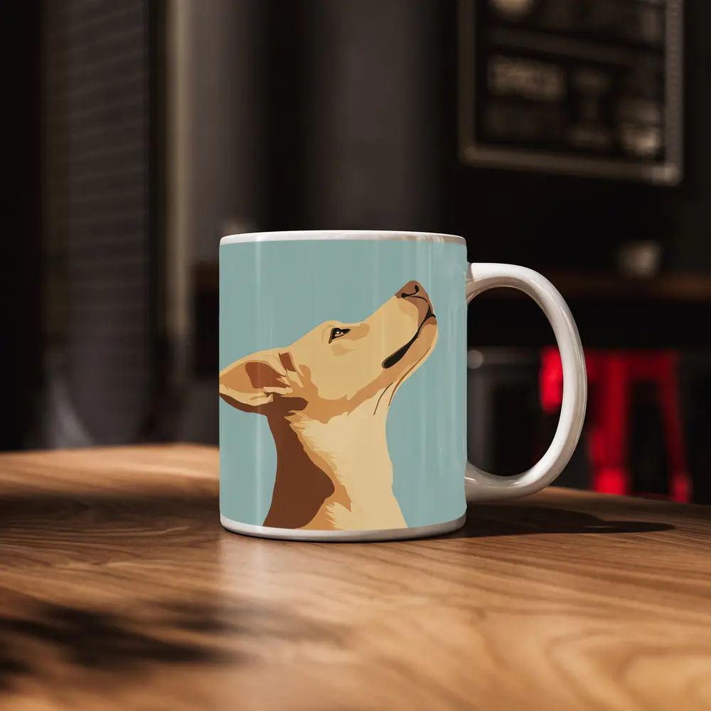 Yellow Lab Dog Looking Up Blue Background – Mugs