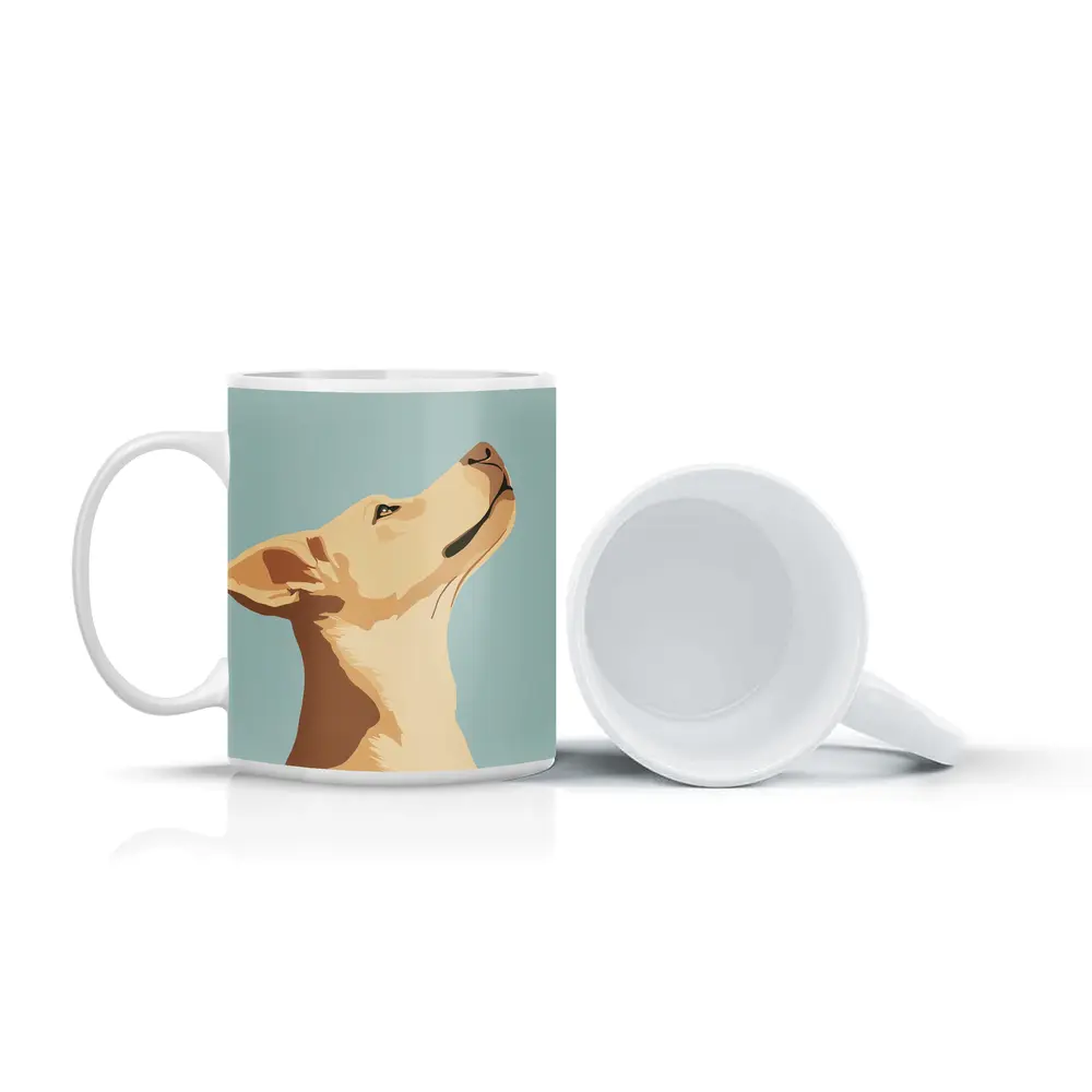 Yellow Lab Dog Looking Up Blue Background – Mugs