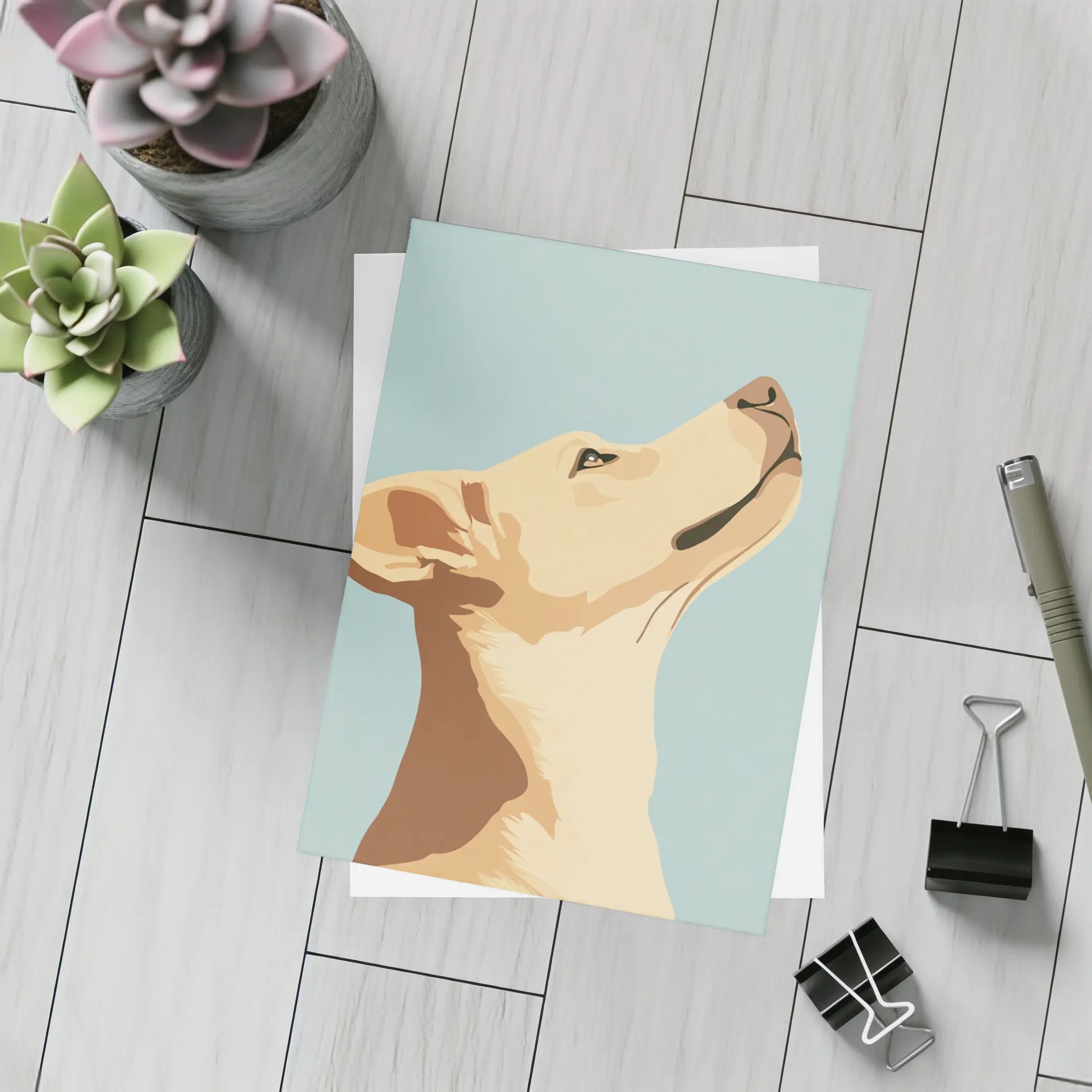Yellow Lab Dog Looking Up Blue Background – Postcards