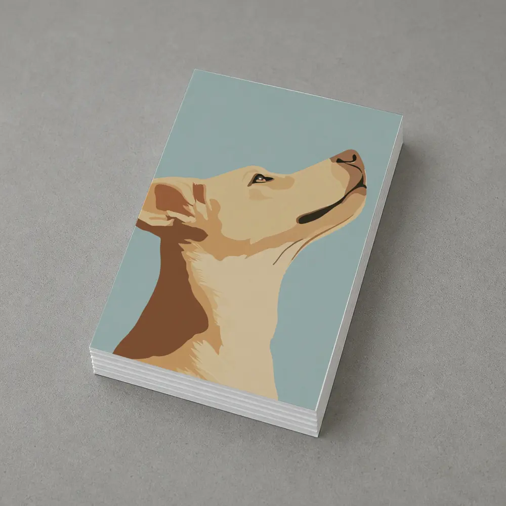 Yellow Lab Dog Looking Up Blue Background – Postcards