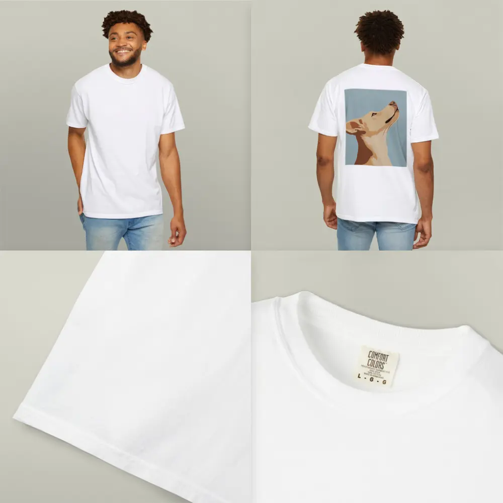 Yellow Lab Dog Looking Up Blue Background – T-Shirts