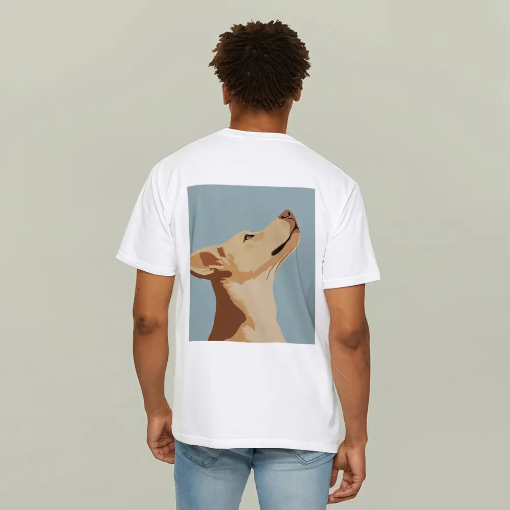 Yellow Lab Dog Looking Up Blue Background – T-Shirts